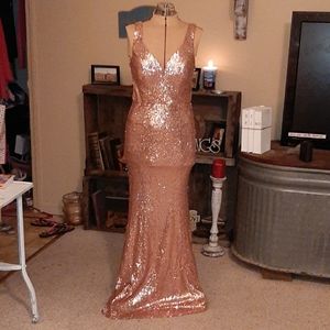 Deep plunge, Rose gold, sequin ball gown